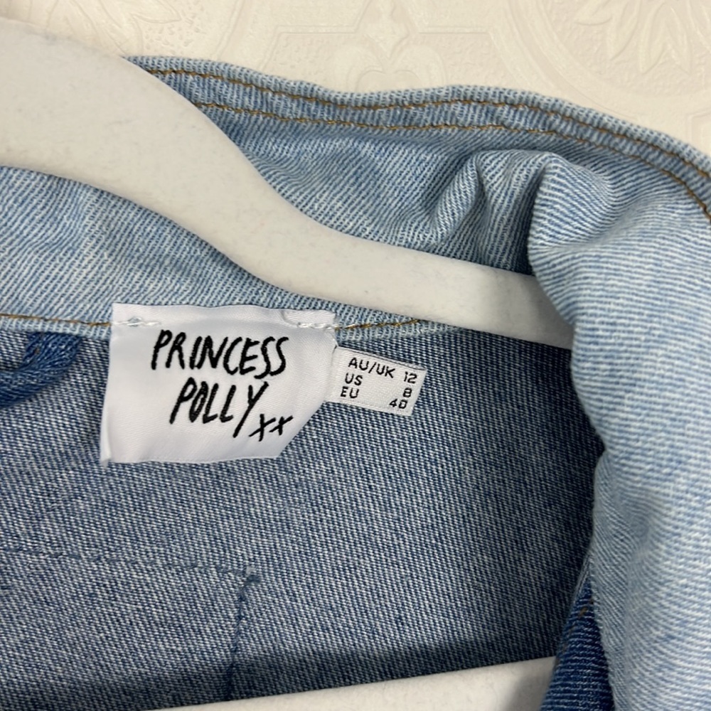 Princess Polly Rylee Denim Jean Jacket Oversized Patchwork‎ Shacket Blue 8 - Picture 5 of 9